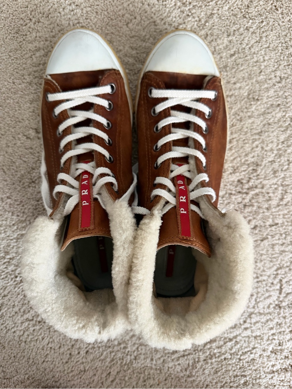 Prada Brown Leather Lace-Up Boots with fur lining 38.5